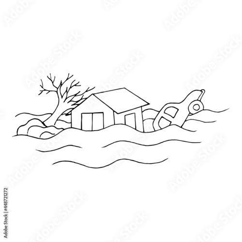 Flood, house, tree, car, floating in the river on a white background, doodle illustration.An emergency situation.