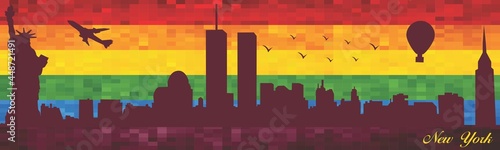 New York city on LGBT flag background - illustration, 
Town in Rainbow background, 
Vector city skyline silhouette
