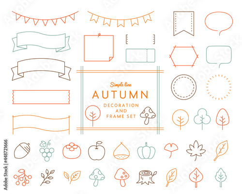 秋のフレームやアイコンのセット　リボン　あしらい　飾り罫　食べ物　植物　葉　枠