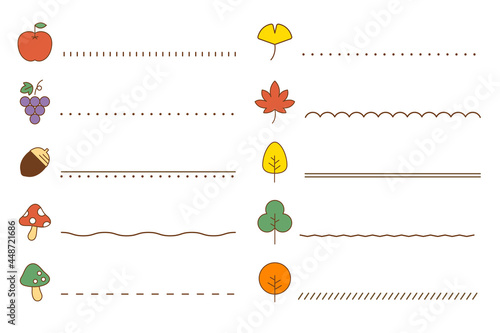 秋のアイコンと線のセット　飾り罫　フレーム　食べ物　果物　植物　葉　区切り