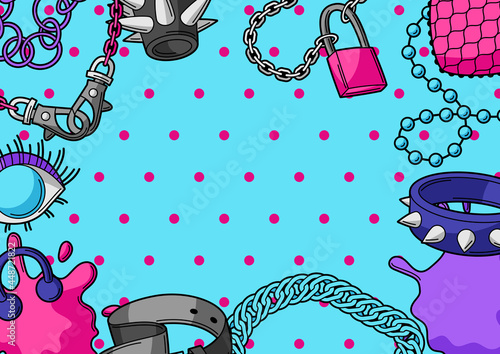 Background with youth subculture symbols. Teenage creative illustration. Fashion necklaces in cartoon style.