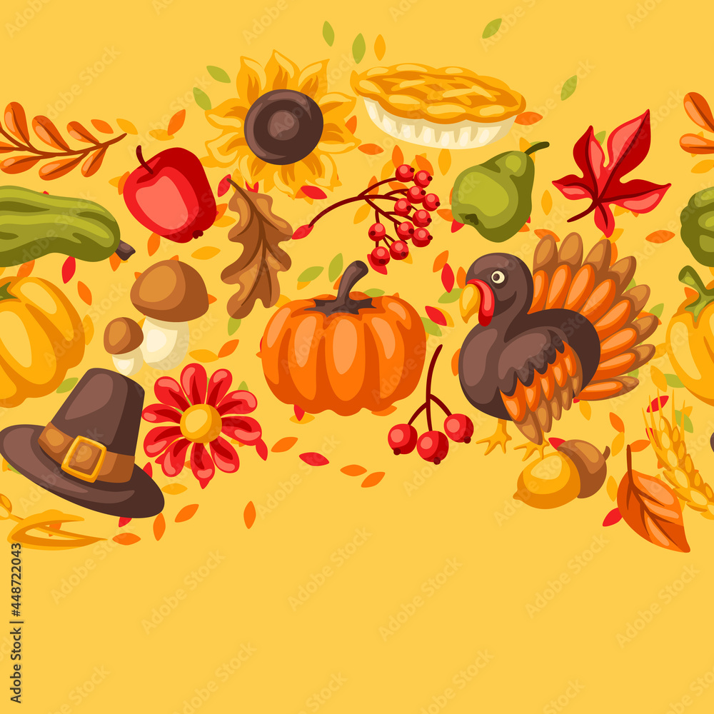 Happy Thanksgiving Day seamless pattern. Background with holiday objects. Happy Thanksgiving Day seamless pattern. Background with holiday objects.