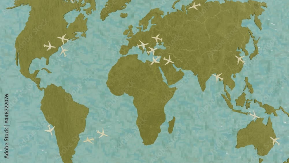 three-dimensional models of passenger planes flying over a schematic map of the world. passenger transport concept. 3d render three-dimensional models of passenger planes flying over a schematic map of the world. passenger transport concept. 3d render