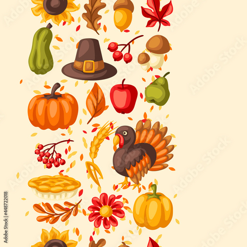 Fototapeta Naklejka Na Ścianę i Meble -  Happy Thanksgiving Day seamless pattern. Background with holiday objects.