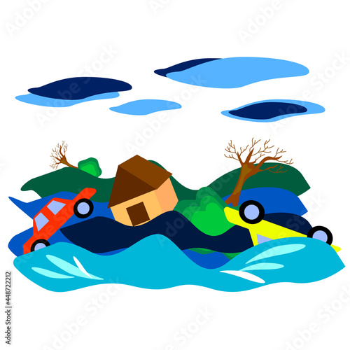 Flooding in the city.The rushing river carries trees, cars, houses.Bright vector illustration.