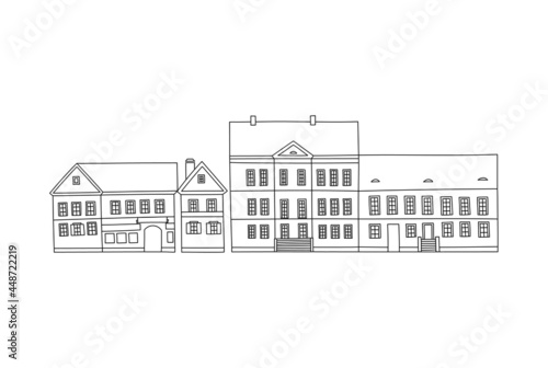 Traeckaje Suburb. Vector line hand drawn illustration with an old town city cute house panorama. Minsk, Belarus.