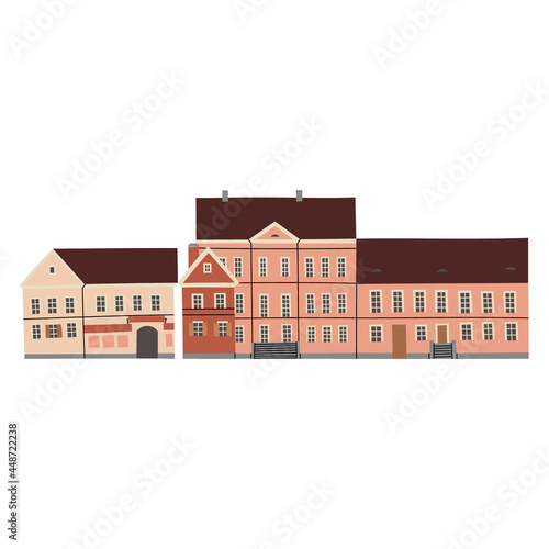 Traeckaje Suburb. Vector color hand drawn illustration with an old town city cute house panorama. Minsk, Belarus.