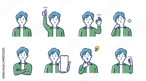 若い男性の表情とジェスチャーのイラスト素材セット
