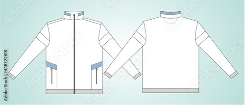 Long neck with sleeve jacket design overall technical sketch vector template in windcheater front and back view. Bomber jacket for Men's. Jacket Flat drawing vector mock up.