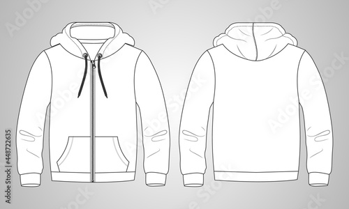 Long sleeve hoodie with Zipper technical fashion Drawing sketch template front and back view. apparel dress design vector illustration mock up jacket CAD. Easy edit and customizable.