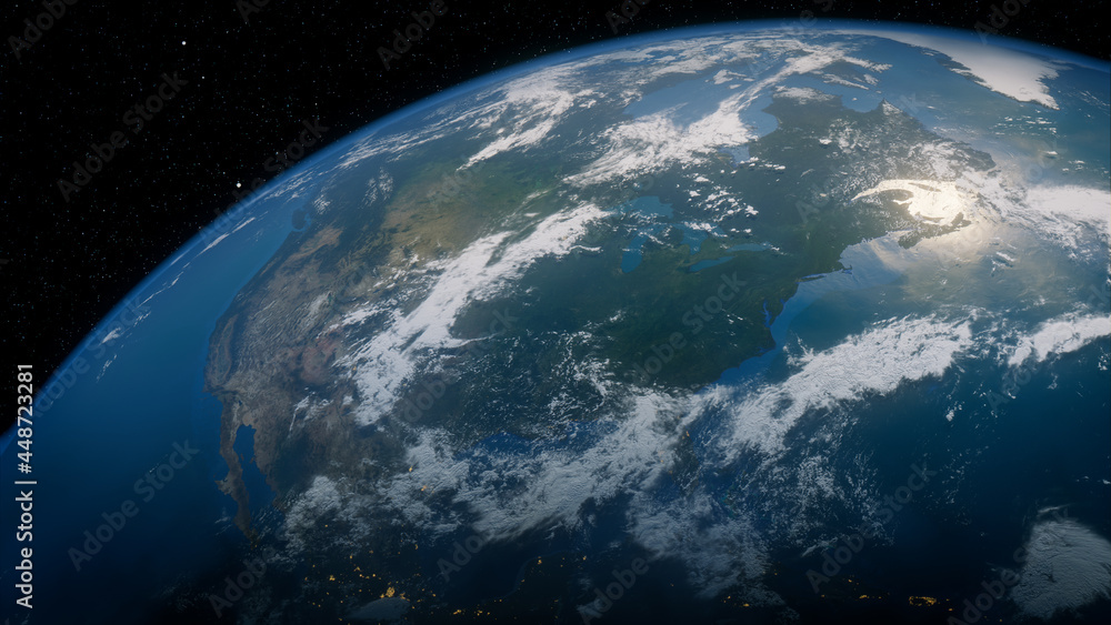 Earth in Space. Photorealistic 3D Render of the Globe, with views of USA and North America. Global Concept. Earth in Space. Photorealistic 3D Render of the Globe, with views of USA and North America. Global Concept.