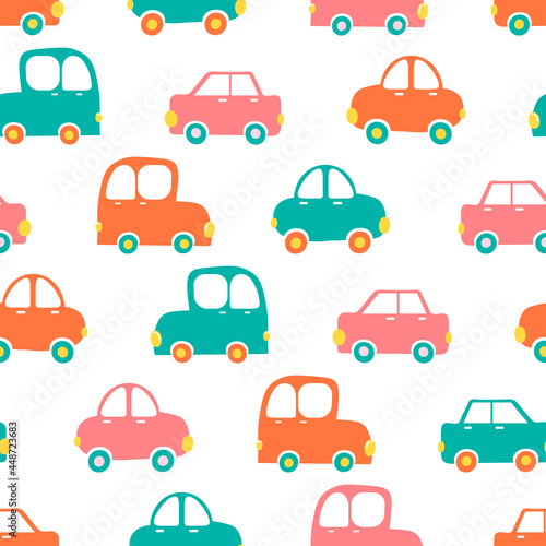 Baby cars seamless pattern in blue  pink and orange colors 