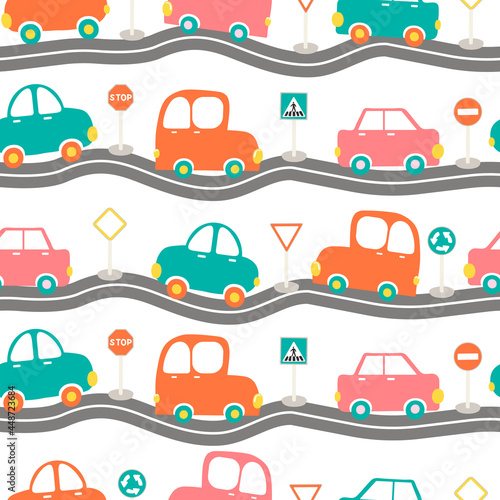 Baby road sign and cars seamless pattern in blue  pink and orange colors