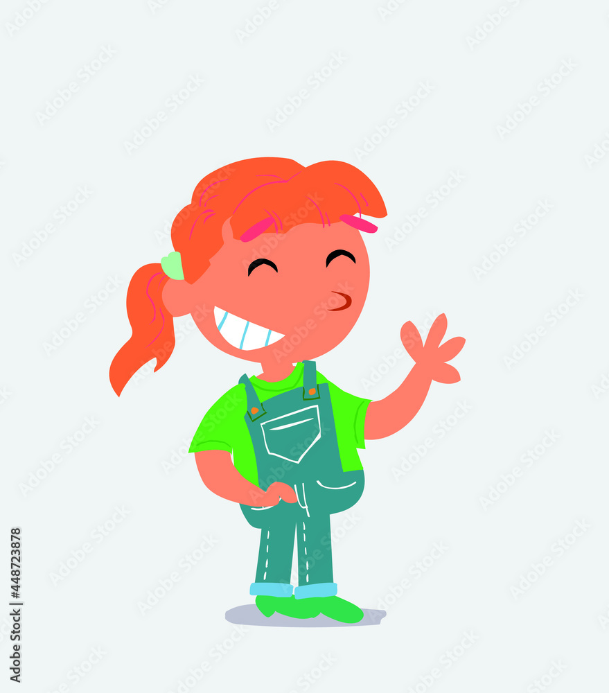 cartoon character of little girl on jeans waving informally while laughing.