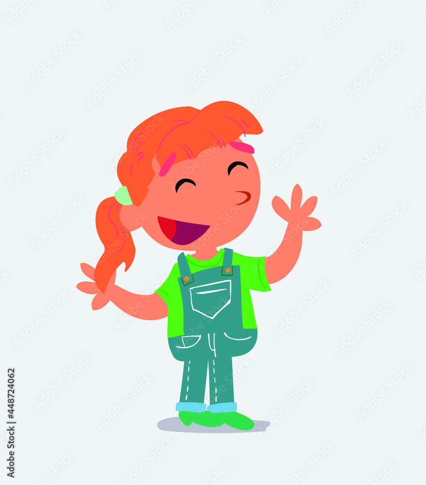 Pleased cartoon character of little girl on jeans explaining something. Pleased cartoon character of little girl on jeans explaining something.