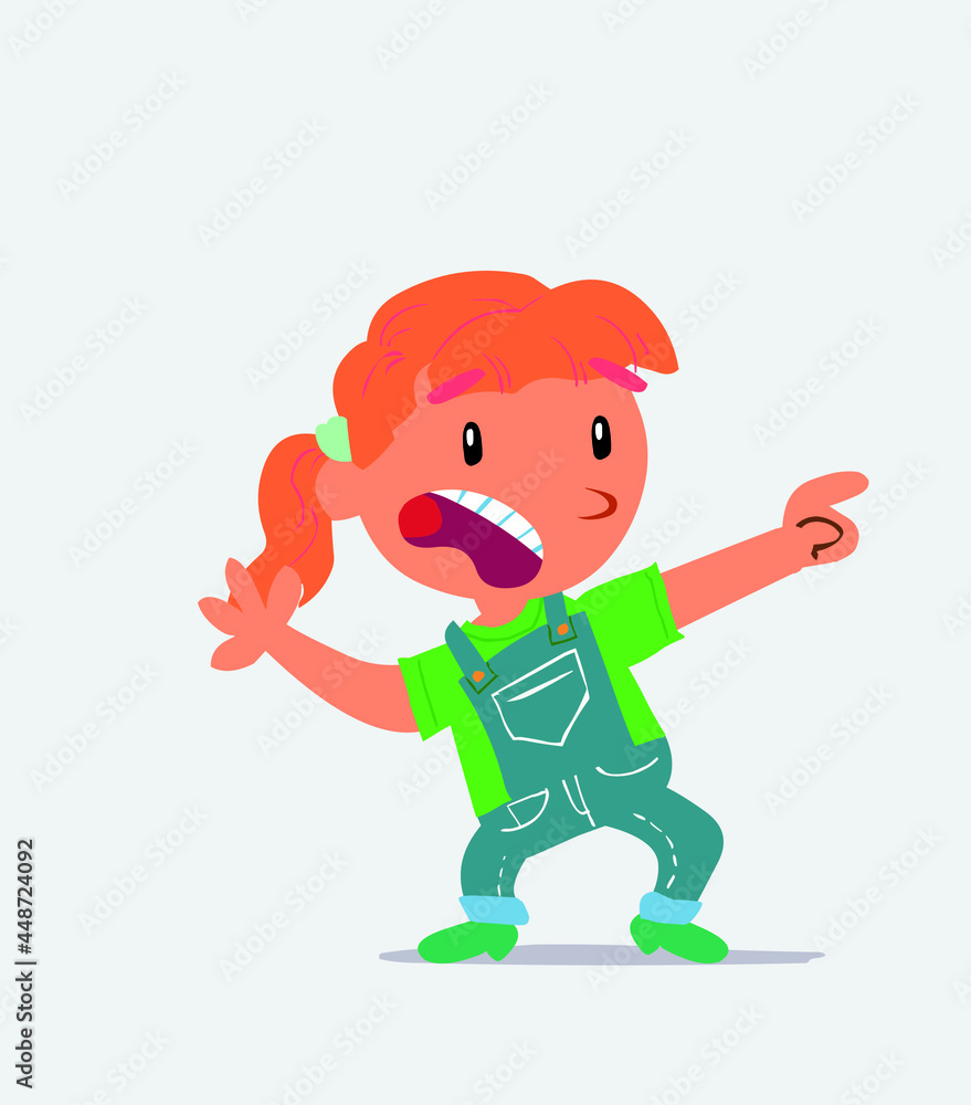 Scared cartoon character of little girl on jeans points to the side. Scared cartoon character of little girl on jeans points to the side.