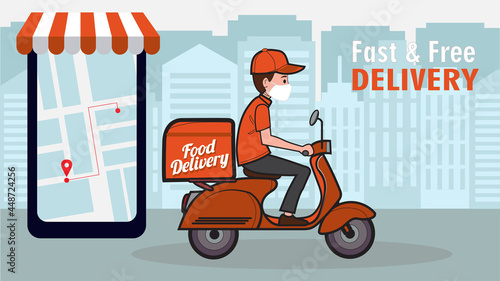 Delviery man on scooter in front of phone Pro Vector