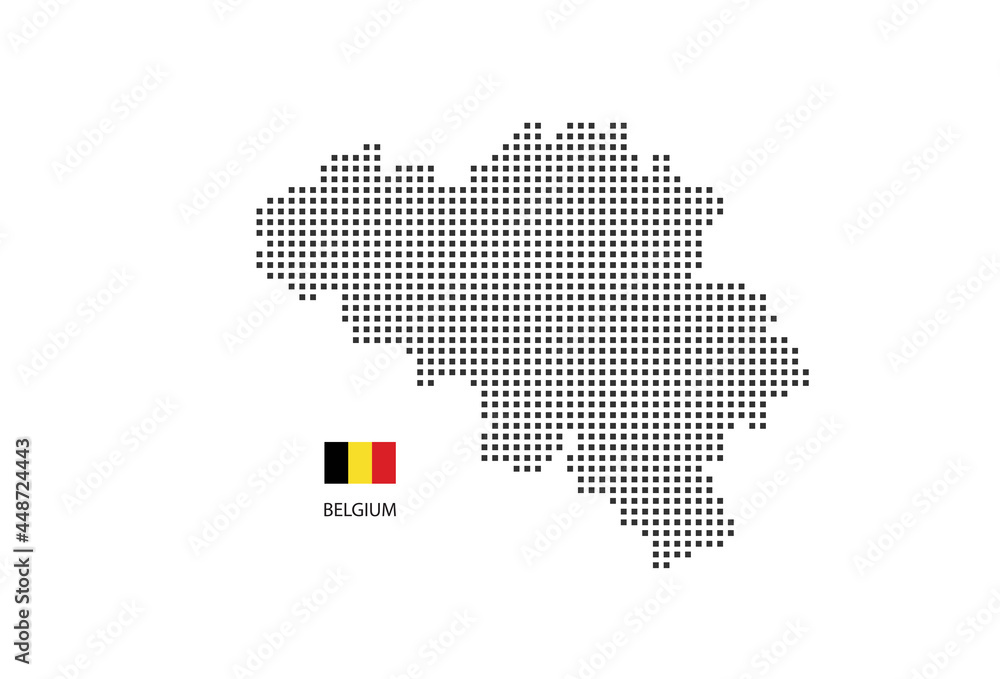 Pixel map of Belgium. Vector square pixel dotted map of Belgium isolated on white background with Belgium flag.