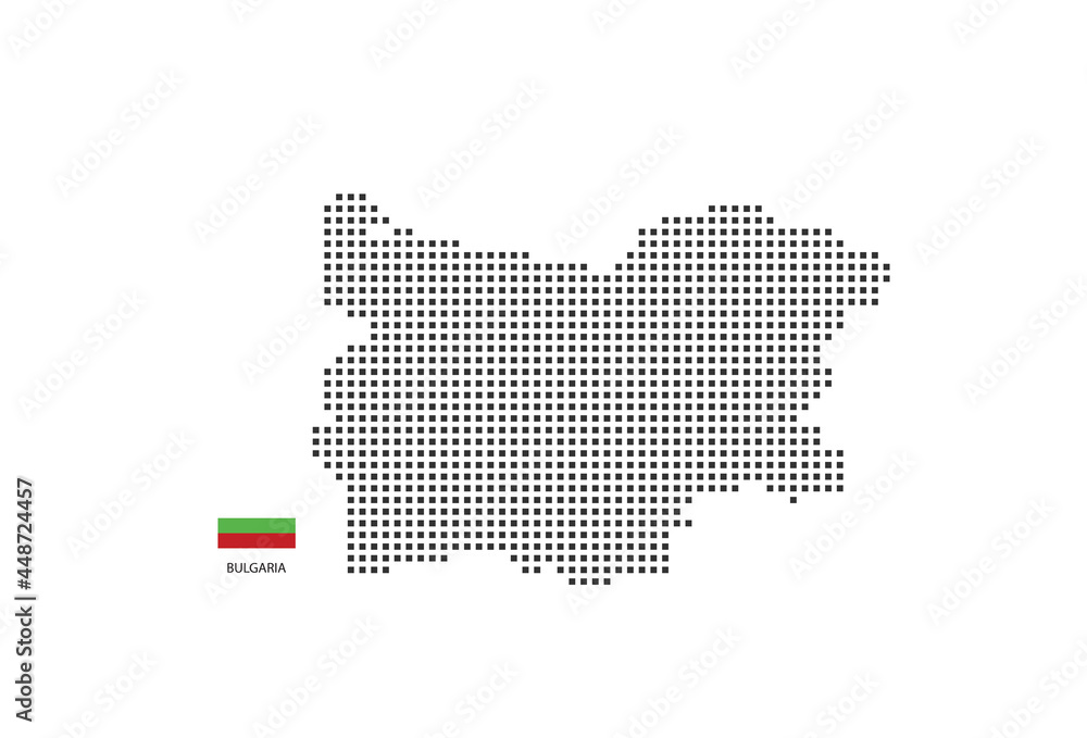 Pixel map of Bulgaria. Vector square pixel dotted map of Bulgaria isolated on white background with Bulgaria flag.