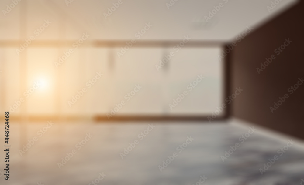 Obraz premium Bokeh blurred phototography. Open space office interior with like conference room. Mockup. 3D