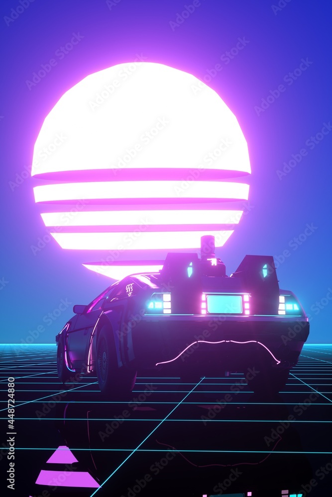 Cyberpunk futuristic car with neon lights against evening blue sky with striped sun. Grid neon surface. Synthwave poster. Retro future wallpaper. 3D illustration.