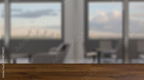 Background with empty table. Flooring. Furniture set with table, chairs and devices. 3D rendering. © COK House