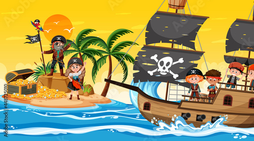 Treasure Island scene at sunset time with Pirate kids