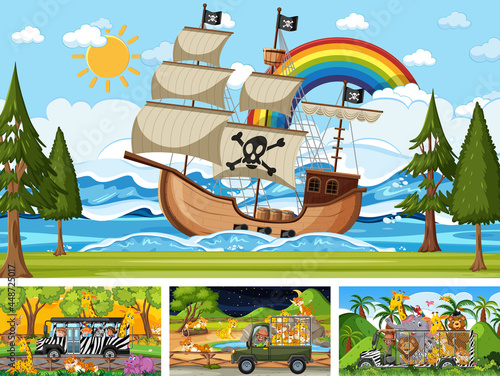 Set of different scenes with pirate ship at the sea and animals in the zoo