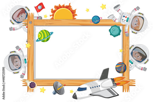 Empty wooden frame with astronaut kids cartoon character