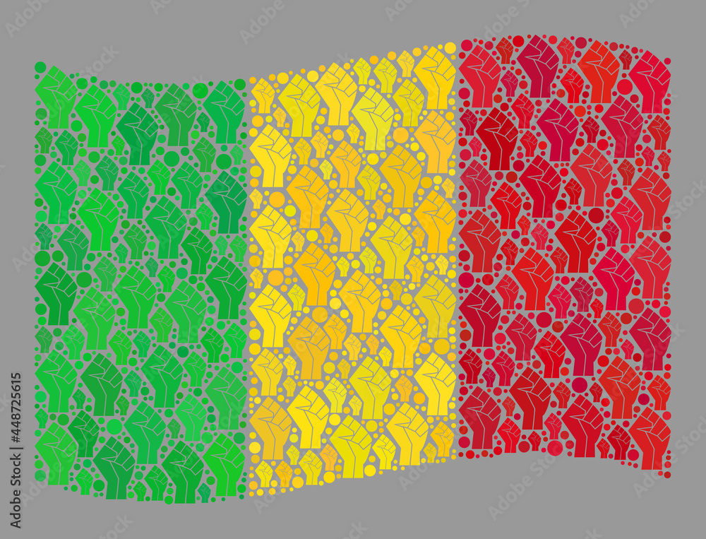 Mosaic waving Mali flag created of riot hand items. Conflict fist vector mosaic waving Mali flag designed for rebel illustrations. Designed for political or patriotic applications.