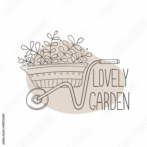 Isolated image of a garden wheelbarrow with flowers and lettering in trendy line art style. Vector illustration for print, logos and corporate identity.