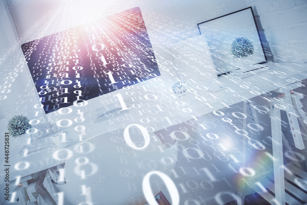 Multi exposure of data theme drawing and office interior background. Concept of technology. Multi exposure of data theme drawing and office interior background. Concept of technology.