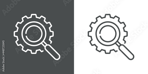 Investigación industrial. Logotipo engranaje con lupa con lineas en fondo gris y fondo blanco photo