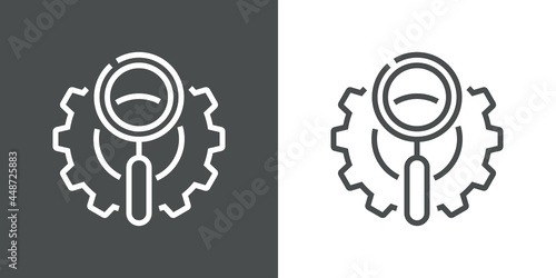 Investigación industrial. Logotipo engranaje con lupa con lineas en fondo gris y fondo blanco