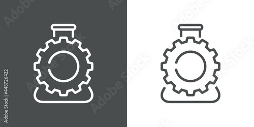 Laboratorio de química. Logotipo engranaje con matraz con lineas en fondo gris y fondo gris