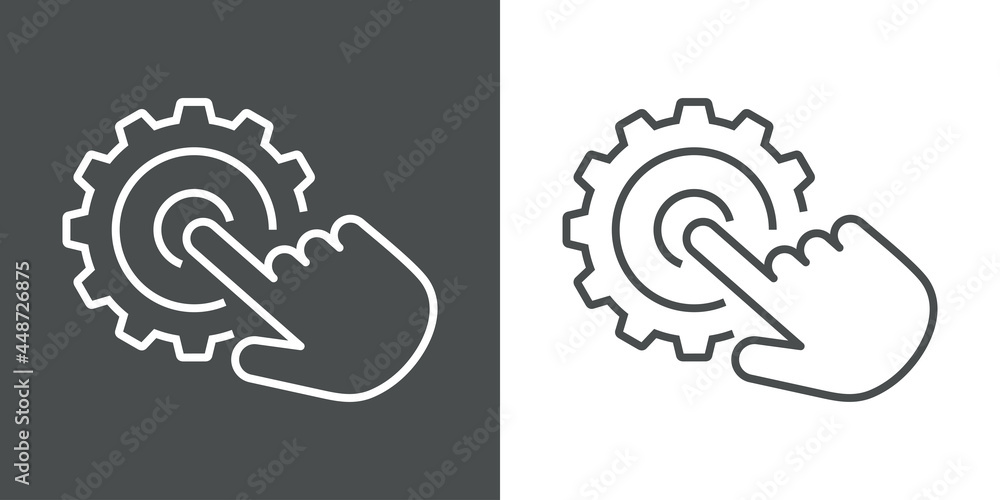 Logotipo con engranaje con cursor de mouse con forma de mano con lineas en fondo gris y fondo blanco