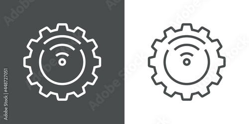 Logotipo de red inalámbrica o wifi de alta velocidad. Engranaje con olas con lineas en fondo gris y fondo blanco