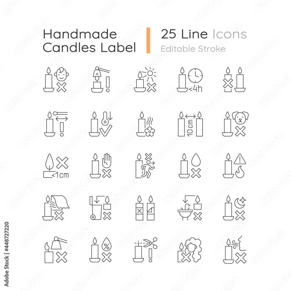 © bsd studio - Handmade candles label linear manual label icons set. Fire safety. Customizable thin line contour symbols. Isolated vector outline illustrations for product use instructions. Editable stroke