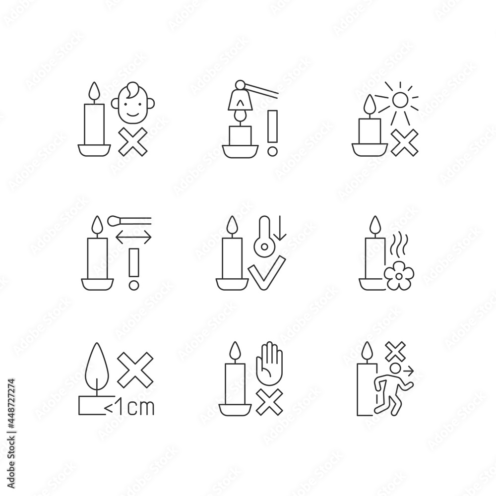Candle safety precautions linear manual label icons set. Keep kids away. Customizable thin line contour symbols. Isolated vector outline illustrations for product use instructions. Editable stroke