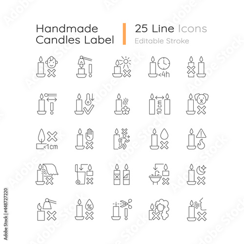 Handmade candles label linear manual label icons set. Fire safety. Customizable thin line contour symbols. Isolated vector outline illustrations for product use instructions. Editable stroke