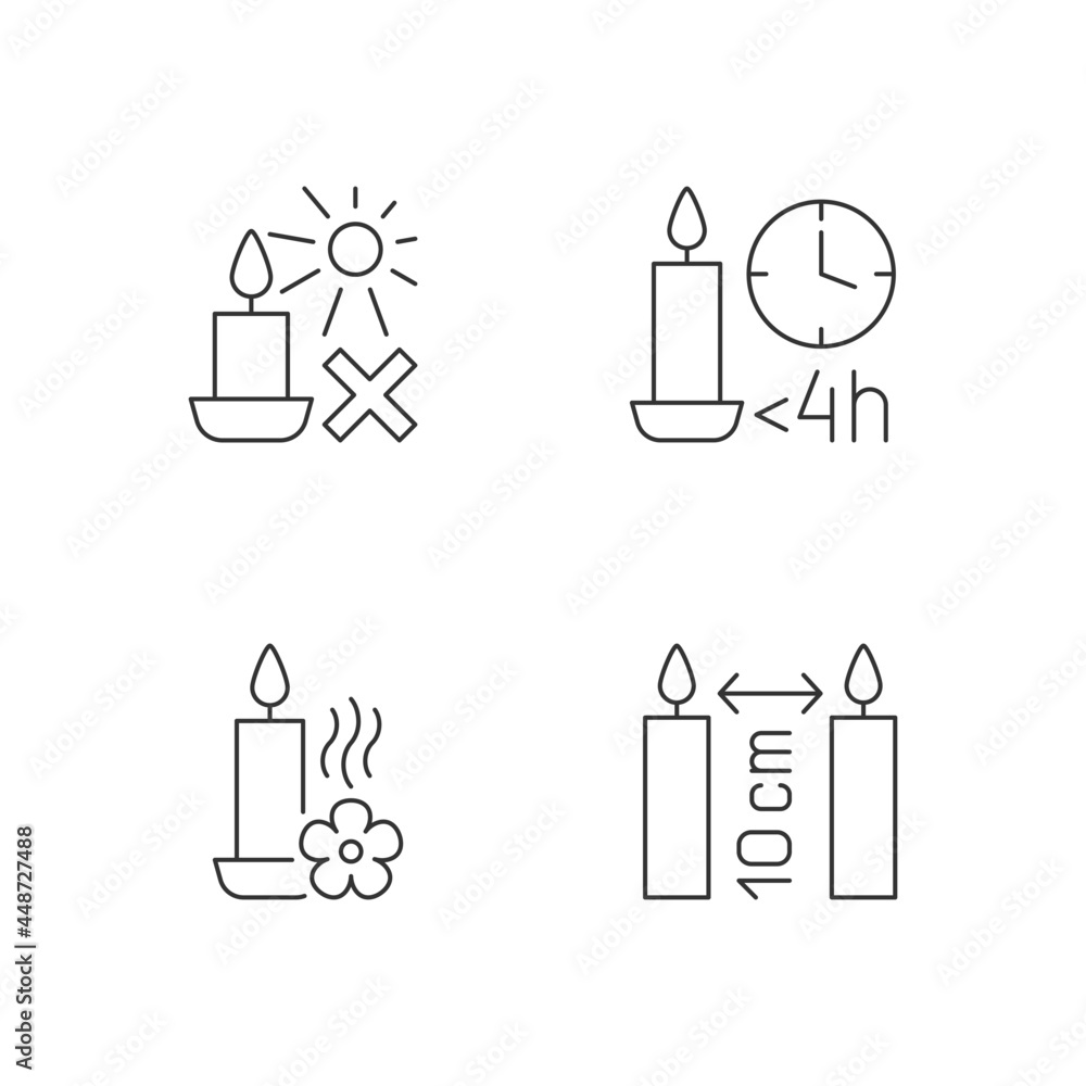 Candle warning label linear manual label icons set. Avoid direct