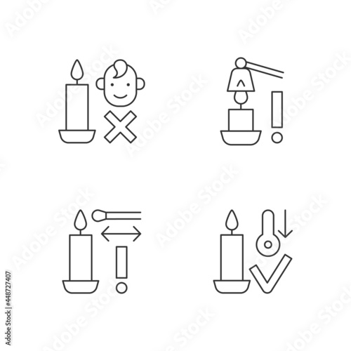 Burning candles safely linear manual label icons set. Keep kids away. Customizable thin line contour symbols. Isolated vector outline illustrations for product use instructions. Editable stroke