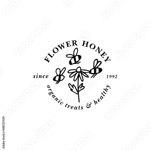 Vector illustartion logo and design template or badge. Organic and eco honey label- flower for honey. Linear style.