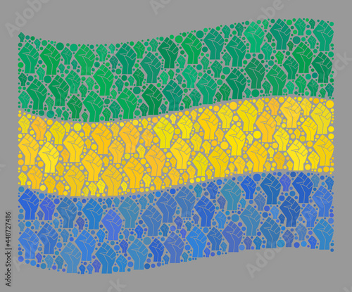 Mosaic waving Gabon flag designed with riot hand items. Protest hand vector collage windy Gabon flag done for rebellion projects. Designed for political and patriotic agitation. photo