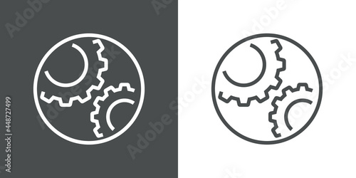 Maquinaría industrial. Icono plano 2 engranajes en cuadrado con lineas en fondo gris y fondo blanco