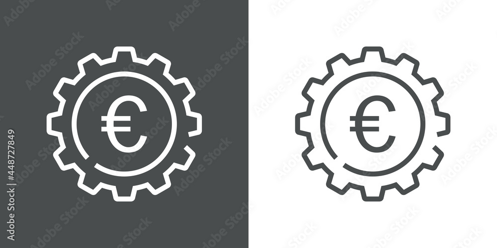 Proceso financiero. Logotipo engranaje con símbolo del euro con lineas en fondo gris y fondo blanco Proceso financiero. Logotipo engranaje con símbolo del euro con lineas en fondo gris y fondo blanco