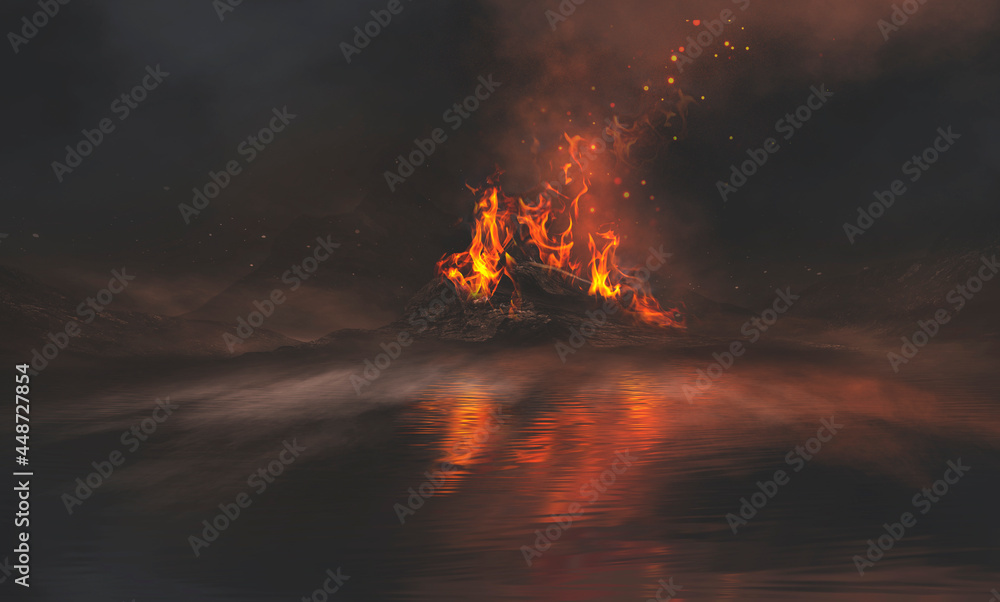 Fantasy futuristic night landscape with abstract mountains. Night fire, Turkey, natural disaster, nature is burning, mountains are burning. Rest area on fire. The beach is on fire. Hot night. 3D