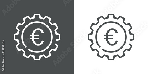 Proceso financiero. Logotipo engranaje con símbolo del euro con lineas en fondo gris y fondo blanco