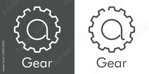 Logotipo palabra Gear con letra inicial a en silueta de engranaje con lineas en fondo gris y fondo blanco