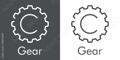 Logotipo palabra Gear con letra inicial C en silueta de engranaje con lineas en fondo gris y fondo blanco